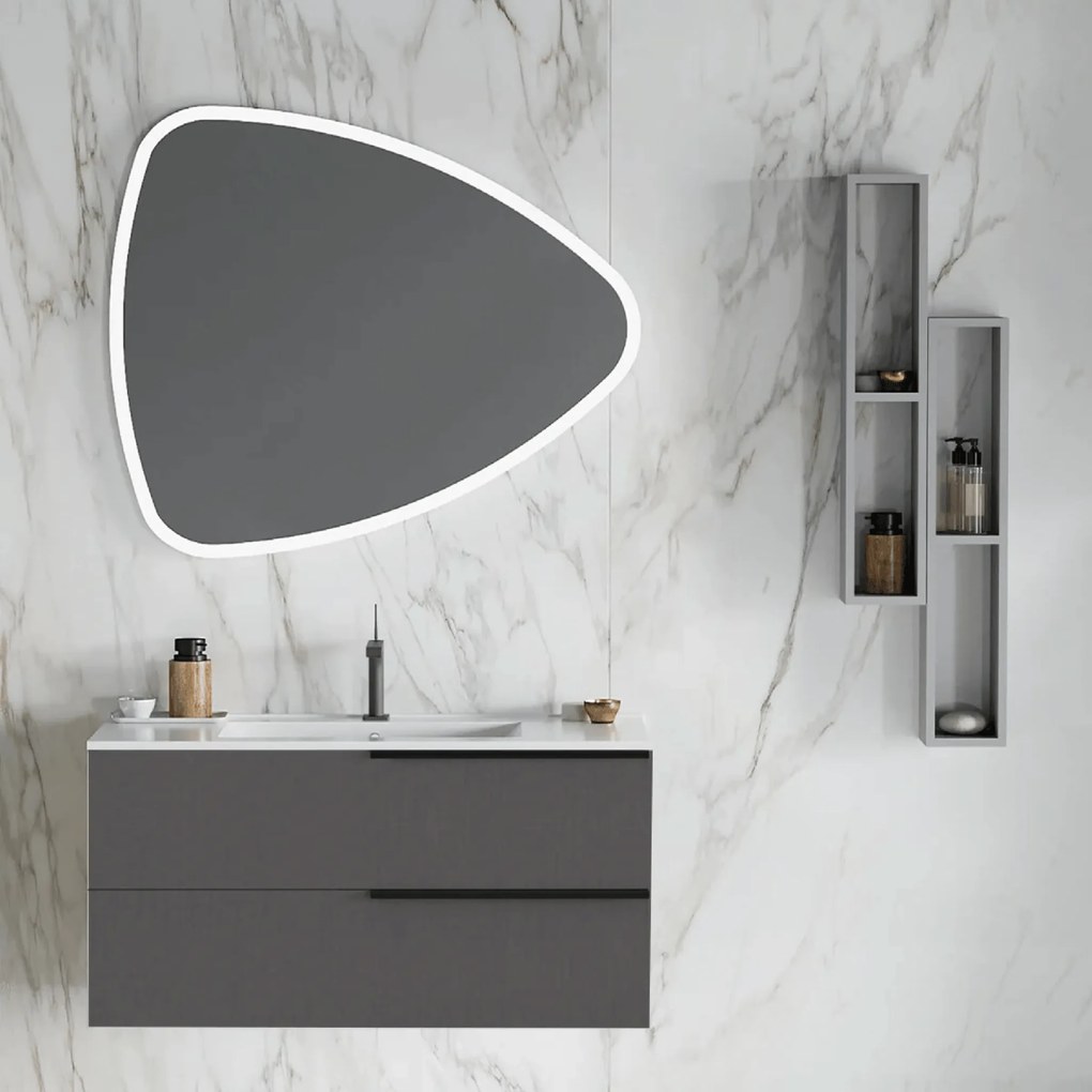 Mobile Bagno Sospeso 100 Cm Due Cassetti Specchio Con Illuminazione Led 100x85 Cm Savini Due "Oikos" Lino