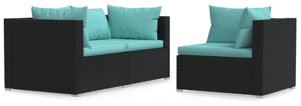 Set divani da giardino 3 pz con cuscini nero in polyrattan
