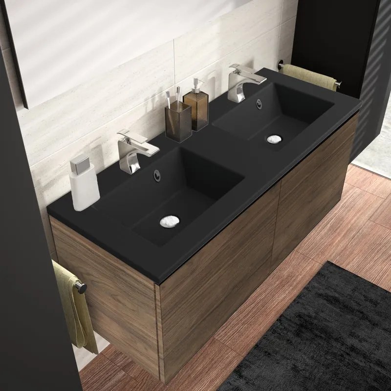 Mobile sottolavabo e lavabo Neo Line rovere noce/nero L 120 x H 32 x P 48 cm 2 vasche 2 cassetti