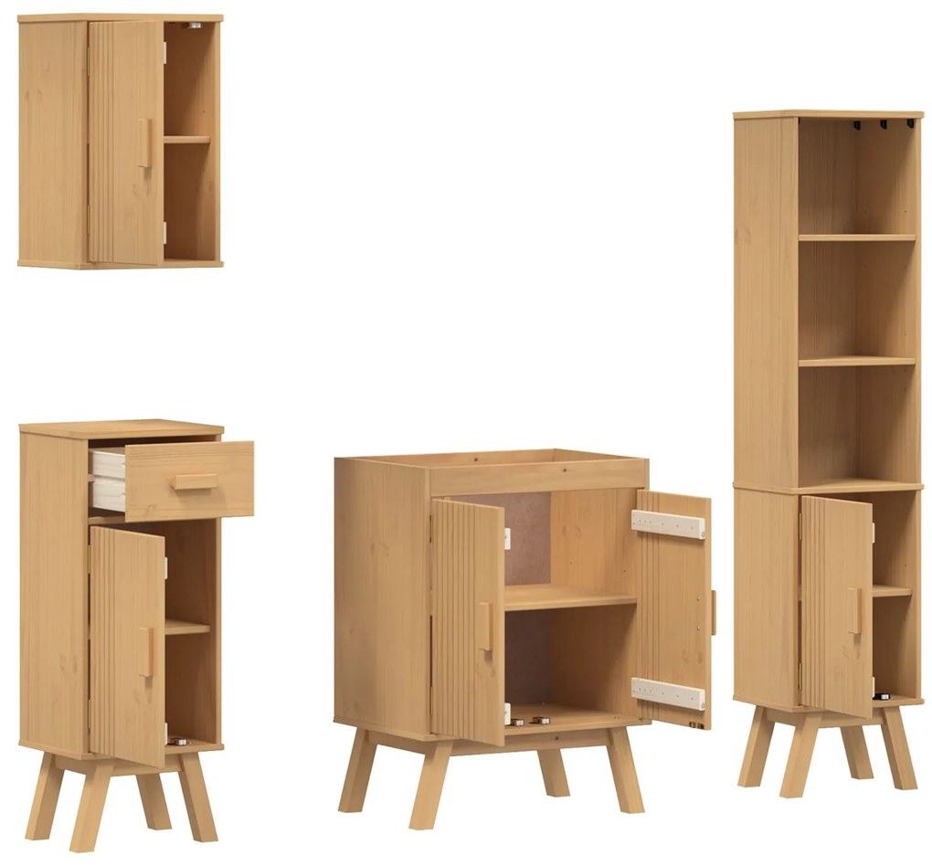 Set di mobili per il bagno in legno massello di pino, 4 pezzi