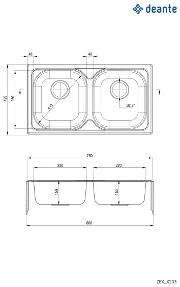Deante ZEX_0203 - Lavello della cucina XYLO 43,5x78 cm raso