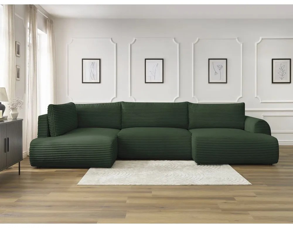 Divano angolare in verde scuro allungabile (con penisola a destra/a forma di "U") con rivestimento in velluto a coste Lucien – Bobochic Paris