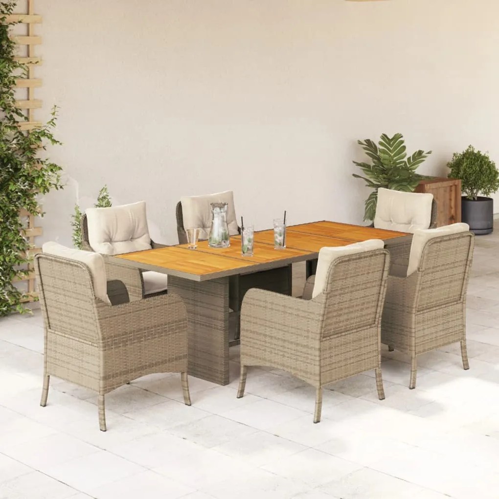 Set da pranzo da giardino 7 pz con cuscini beige in polyrattan