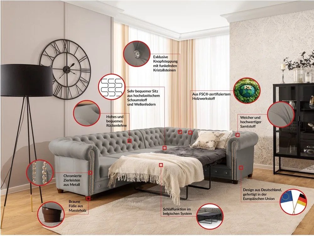 Divano angolare grigio allungabile (con penisola a destra/a L) con rivestimento in velluto York Blik – Ropez