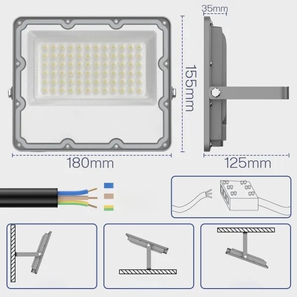 Proiettore LED per esterni, 50 W, 230 V, 4500 K, IP65, grigio