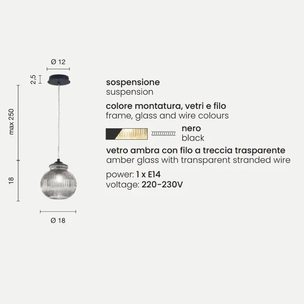 Lampada sospensione D18 cm in vetro soffiato Ambra - MADAGASCAR Mod1