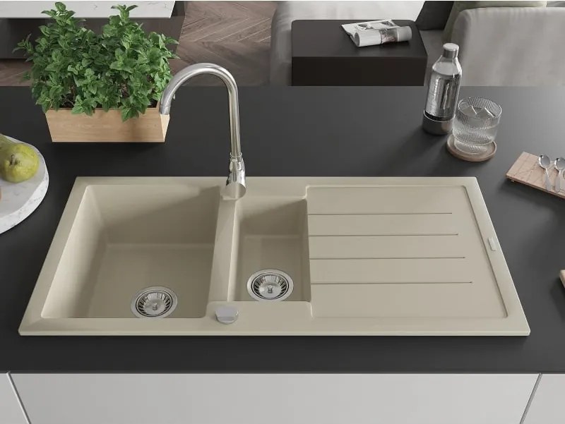 Mexen Andres lavello in granito 1,5 vasche con scolapiatti 1000 x 500 mm, beige, sifone cromato - 6515101510-69