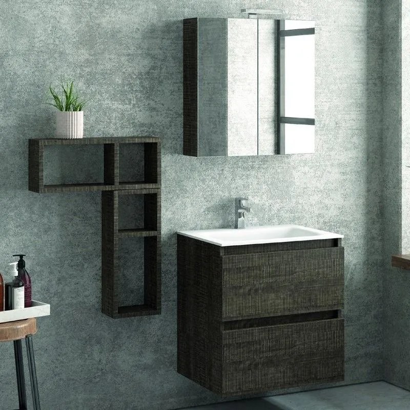 Kamalu - composizione lavabo bagno sospeso con mobile 60 cm, 2 pensili e specchio tod-60c