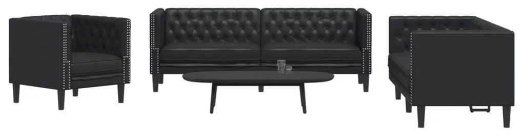 Set Divani Chesterfield 3pz Nero İn Similpelle /