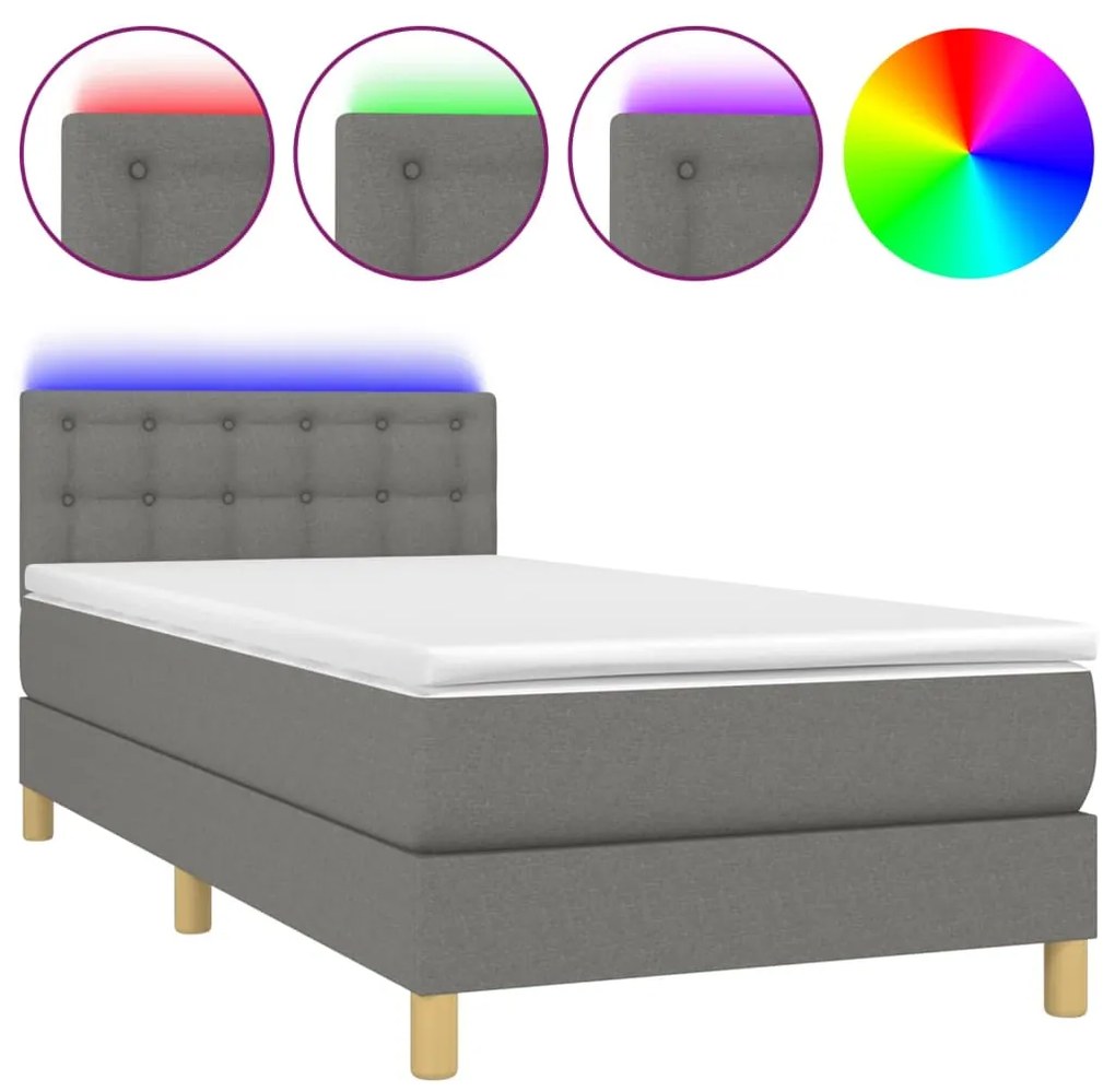 Letto a Molle Materasso e LED Grigio Scuro 80x200 cm in Tessuto