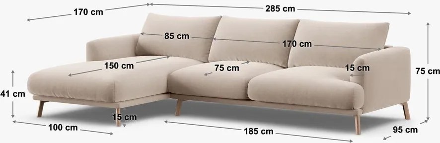Divano angolare beige (con penisola a sinistra/con chaise lounge) con rivestimento in velluto Naomi – Micadoni