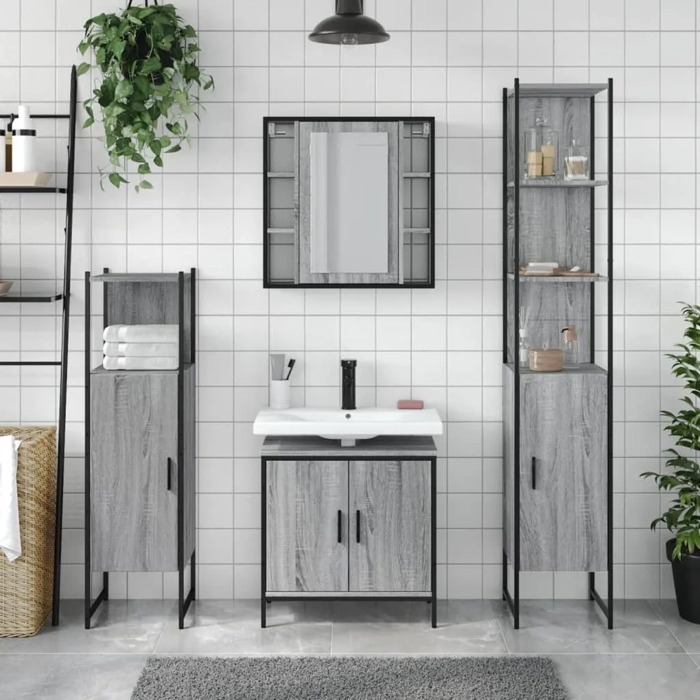 Set mobili da bagno 4 pz grigio sonoma in legno multistrato