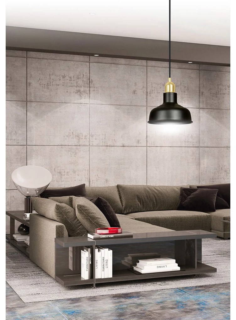 Sospensione Industrial 1 Luce Kubera In Acciaio Nero Con Elementi In Oro