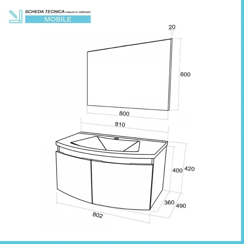 Mobile bagno sospeso curvo 80 cm rovere nordico con lavabo e specchio