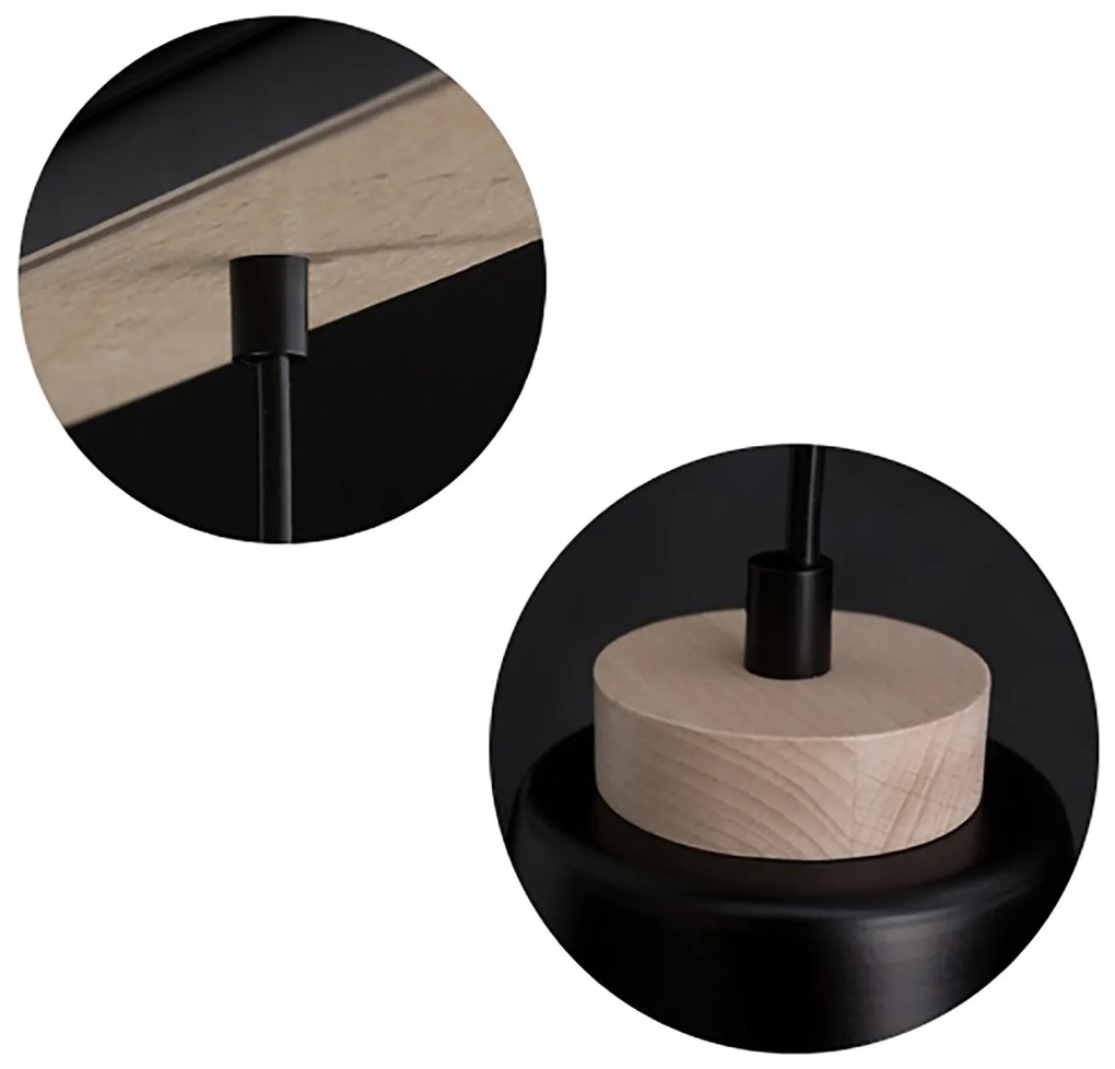 Lampadario 3 Luci Lancillotto Con Paralumi A Cono In Acciaio Nero E Legno Naturale