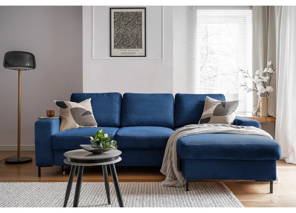 Divano letto angolare in velluto a coste blu scuro (angolo destro) Lofty Lilly - Miuform