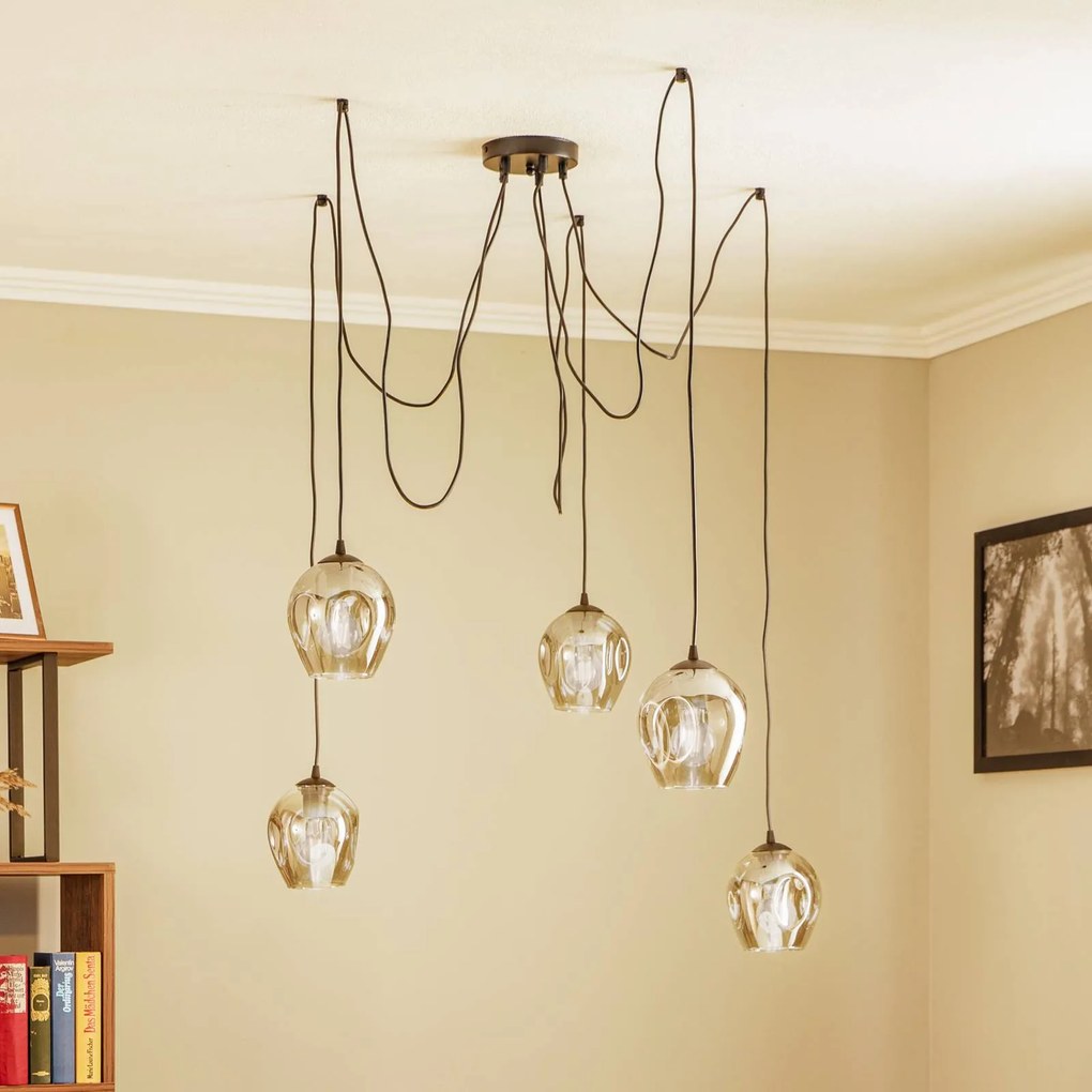 EMIBIG LIGHTING Lampada a sospensione Starla decentrata a 5 luci, vetro grafite