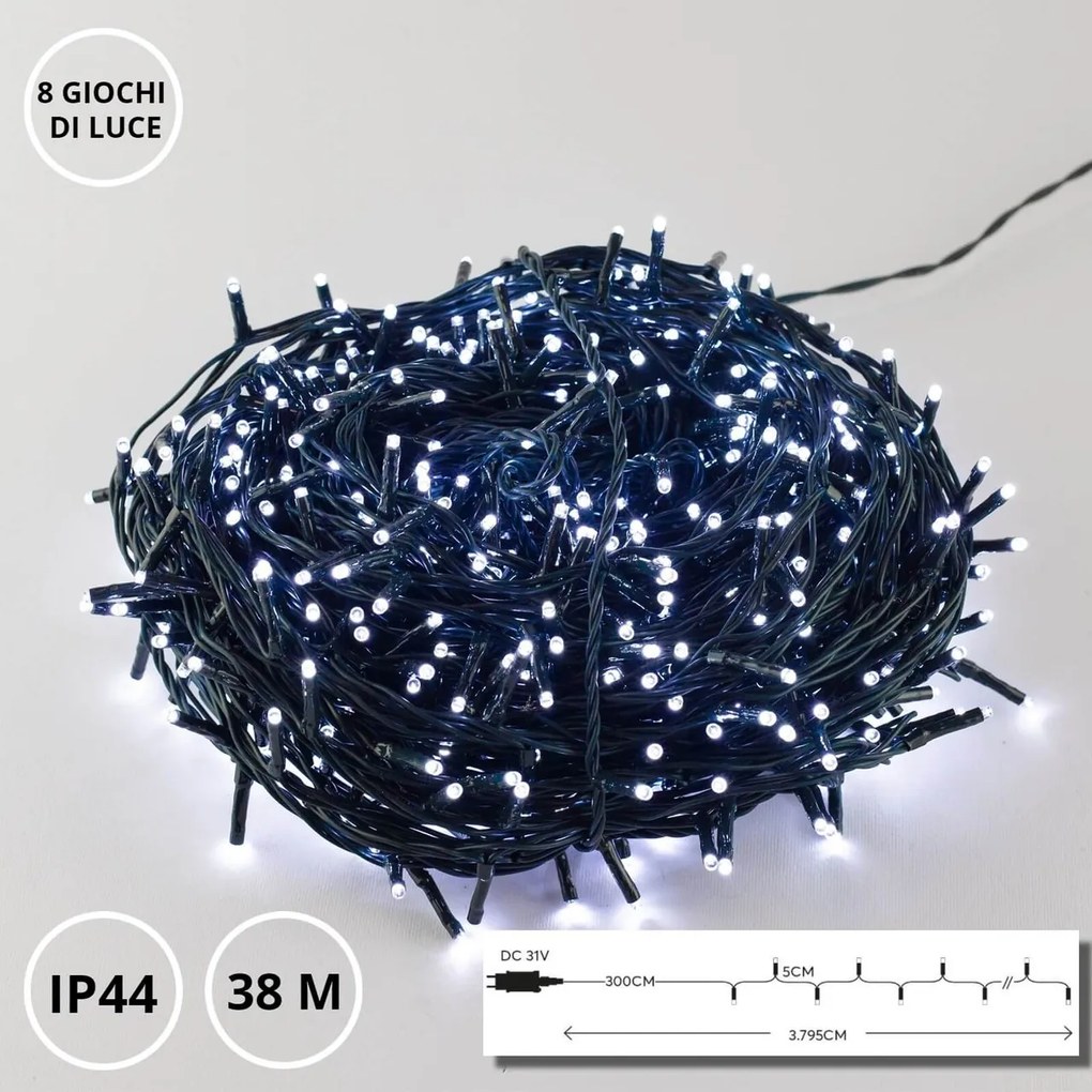 Catenaria Natalizia LED 8 GIOCHI DI LUCE 38m C.VERDE IP44-1752296604 Colore Bianco Freddo 7500 - 8500 °K