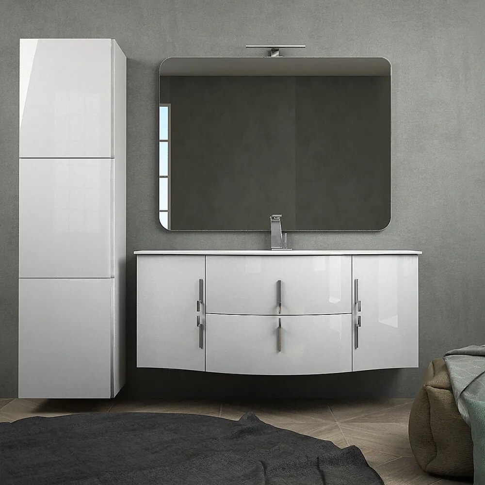 Mobile da bagno Praga 140 bianco lucido cm con vasca centrale sospeso con specchio filo lucido e colonna da 170 cm