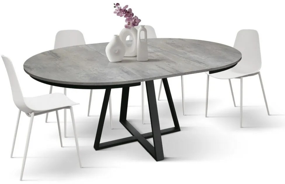 Tavolo rotondo PANTELLERIA in legno effetto grigio cemento con base a X in metallo antracite, allungabile ⌀120 cm – ⌀170 cm