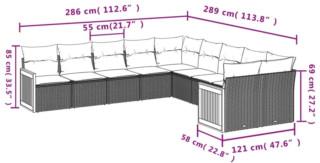 Set Divano da Giardino 10 pz con Cuscini Beige in Polyrattan