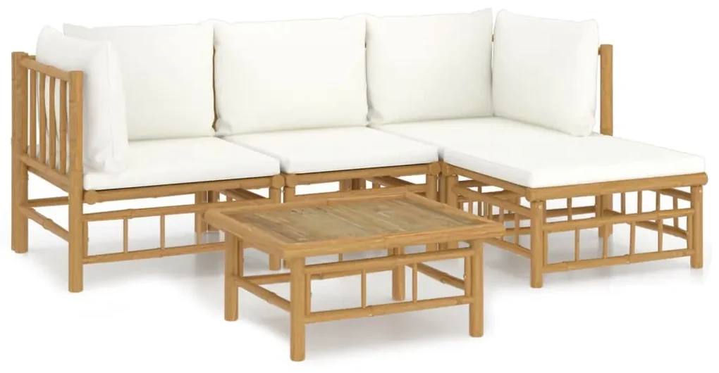 Set salotto da giardino 5pz con cuscini bianco crema in bambù