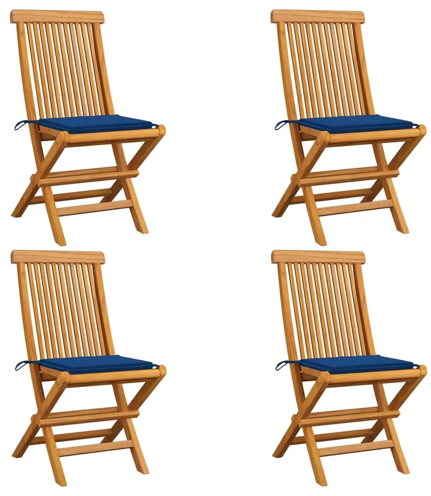 Sedie da giardino con cuscini blu reale 4 pz massello di teak