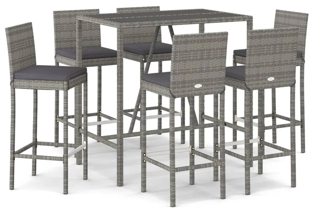 Set bar da giardino 7 pz con cuscini in polyrattan grigio