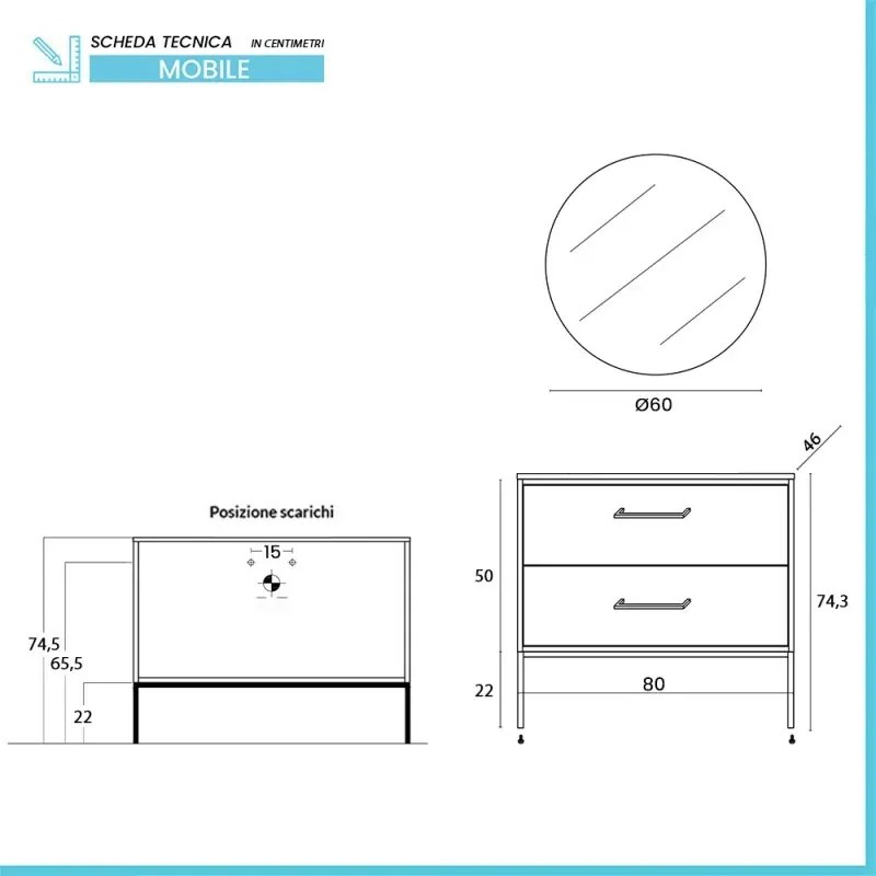 Mobile bagno sospeso 80cm bianco opaco con due cassetti e specchio Brik