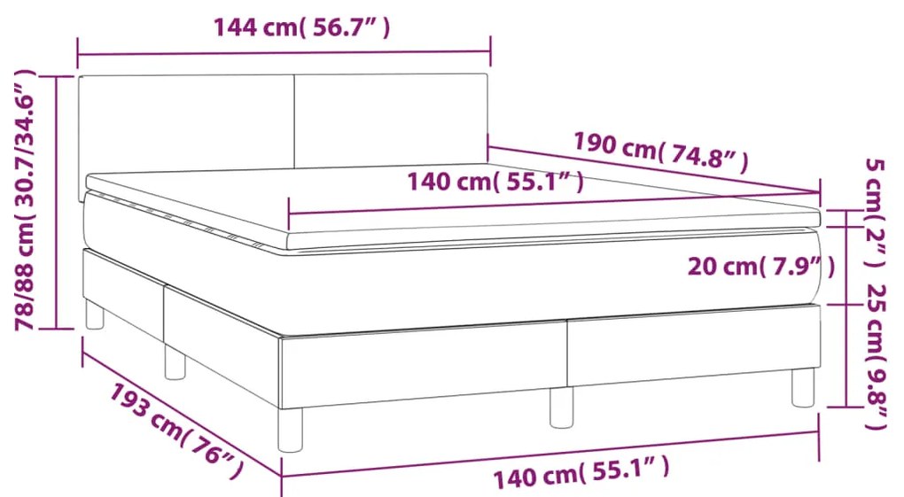 Letto a Molle Materasso e LED MarroneScuro 140x190cm in Tessuto