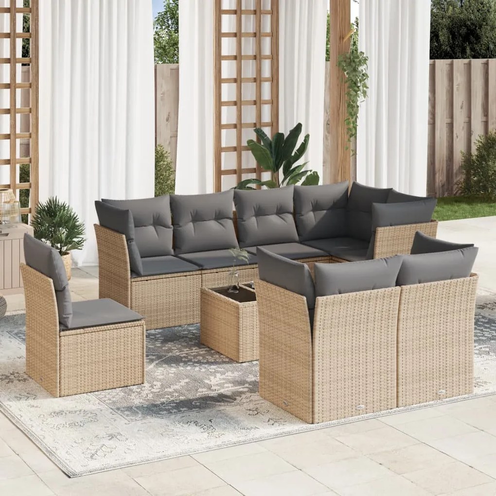 Set Divano da Giardino 9 pz con Cuscini Beige in Polyrattan