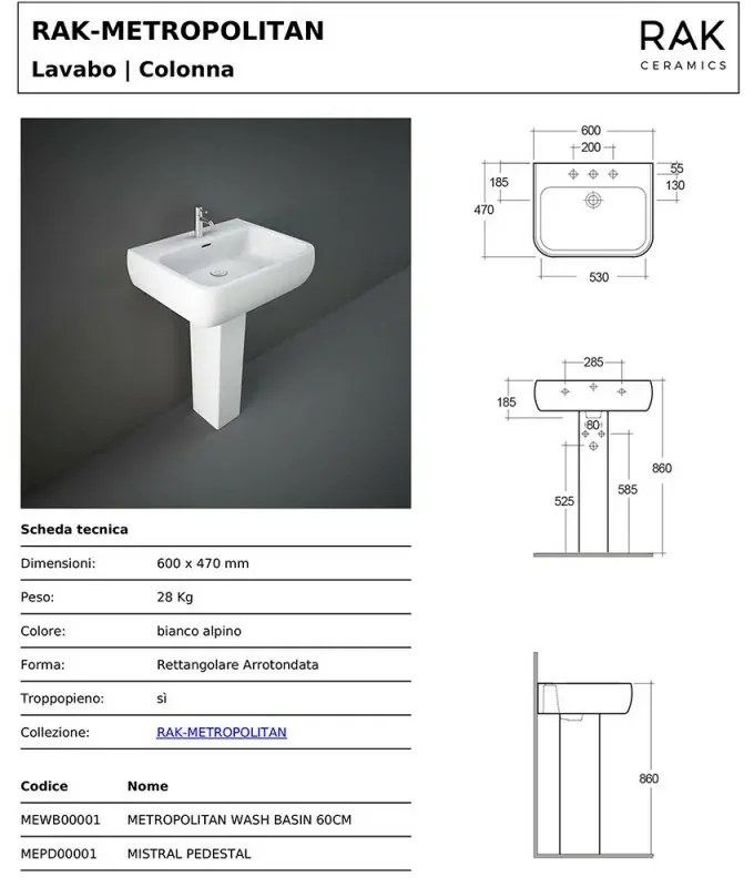 Lavandino con colonna 60x47 cm Rak serie Metropolitan in ceramica bianca lucida