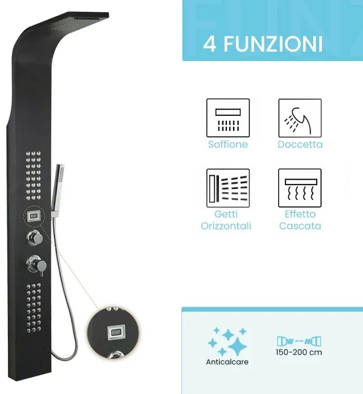 Pannello doccia nero con 4 getti e monitor per la temperatura