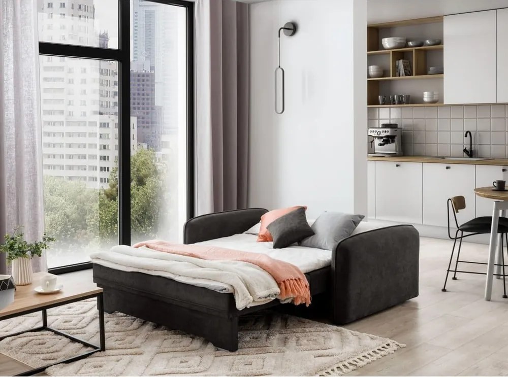 Divano grigio scuro allungabile/con contenitore e rivestimento in ciniglia 155 cm Laine – ELTAP