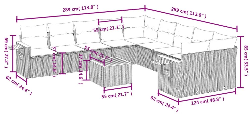 Set divani da giardino 11 pz con cuscini beige in polyrattan