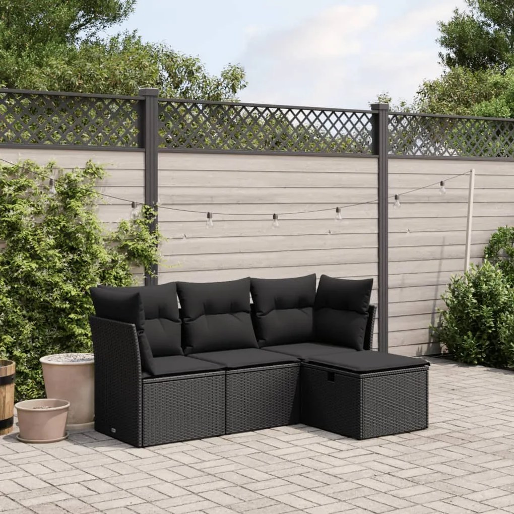 Set divani da giardino 4 pz con cuscini nero in polyrattan