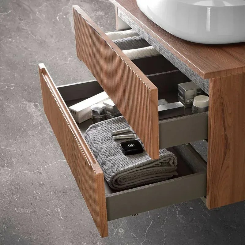 Mobile bagno sospeso cannettato 60 cm noce con top e specchio Bali