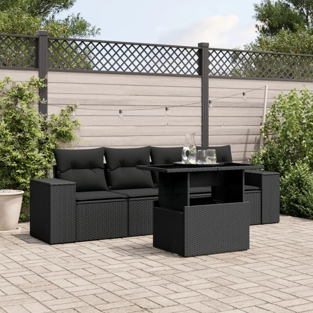 Set divani da giardino 5 pz con cuscini in polyrattan nero