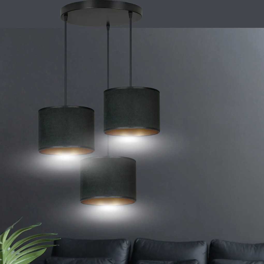 Lampadario Tondo 3 Luci Ganesha In Acciaio Nero E Paralumi In Tessuto Nero