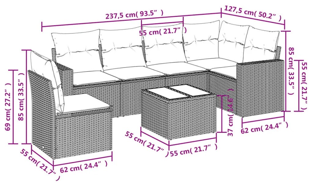 Set divani da giardino 7 pz con cuscini grigio in polyrattan