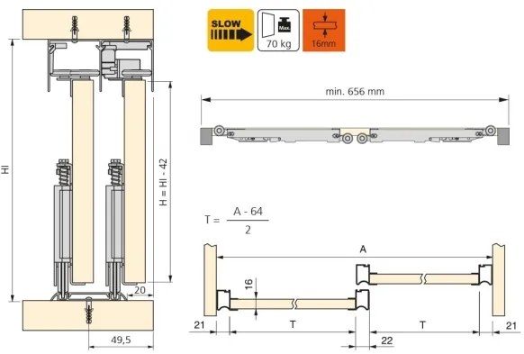 Sistema a scorrimento inferiore per armadio 2 ante di spessore 16 mm, con chiusura soft e profili in alluminio (pannelli non inc