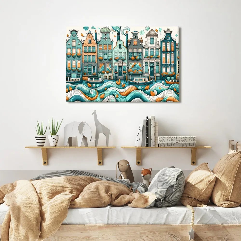 Quadro su tela – Case colorate lungo un canale ondulato