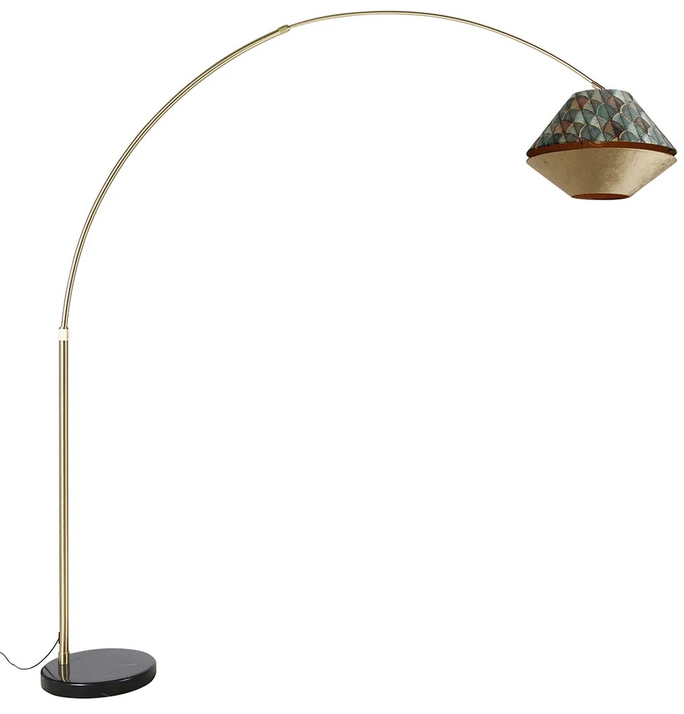 Lampada ad arco in ottone con doppio paralume in velluto con motivo a foglie e beige - XXL