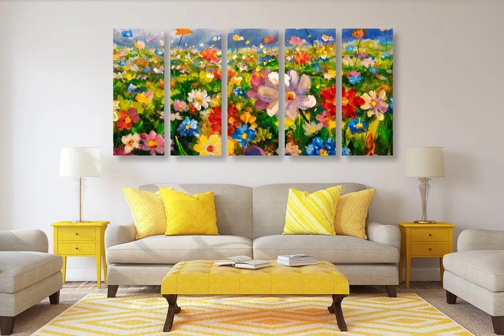 Quadri 5 pezzi – Pittura a olio di fiori di campo