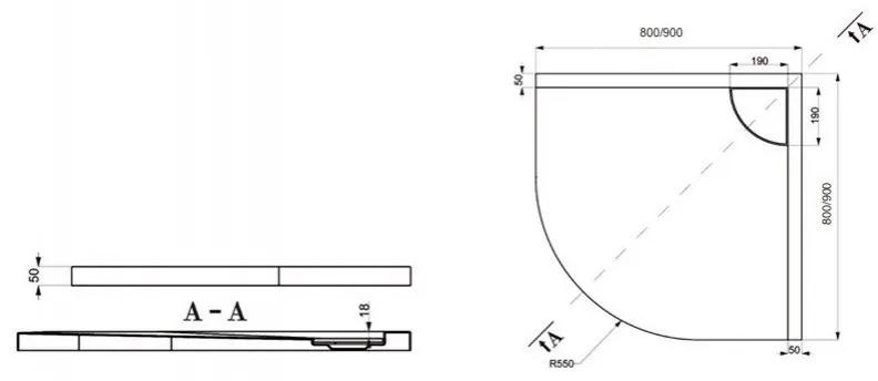 Kamalu - piatto doccia 80x80 semicircolare acrilico con canalina in acciaio
