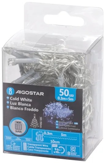 Aigostar -Catena LED natalizia da esterno 50xLED/8 funzioni 3xAA 5,3m IP44 bianco freddo