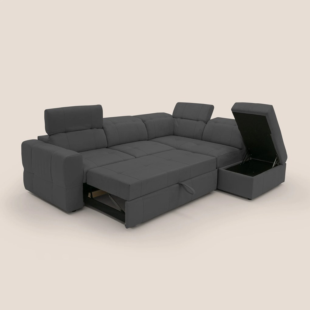 Kronos Divano angolare con poggiapiedi estraibile e pouf contenitore mobile in microfibra impermeabile T11 nero