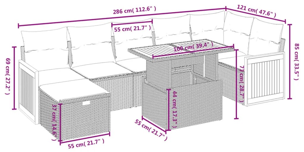 Set divani da giardino con cuscini 8 pz nero in polyrattan