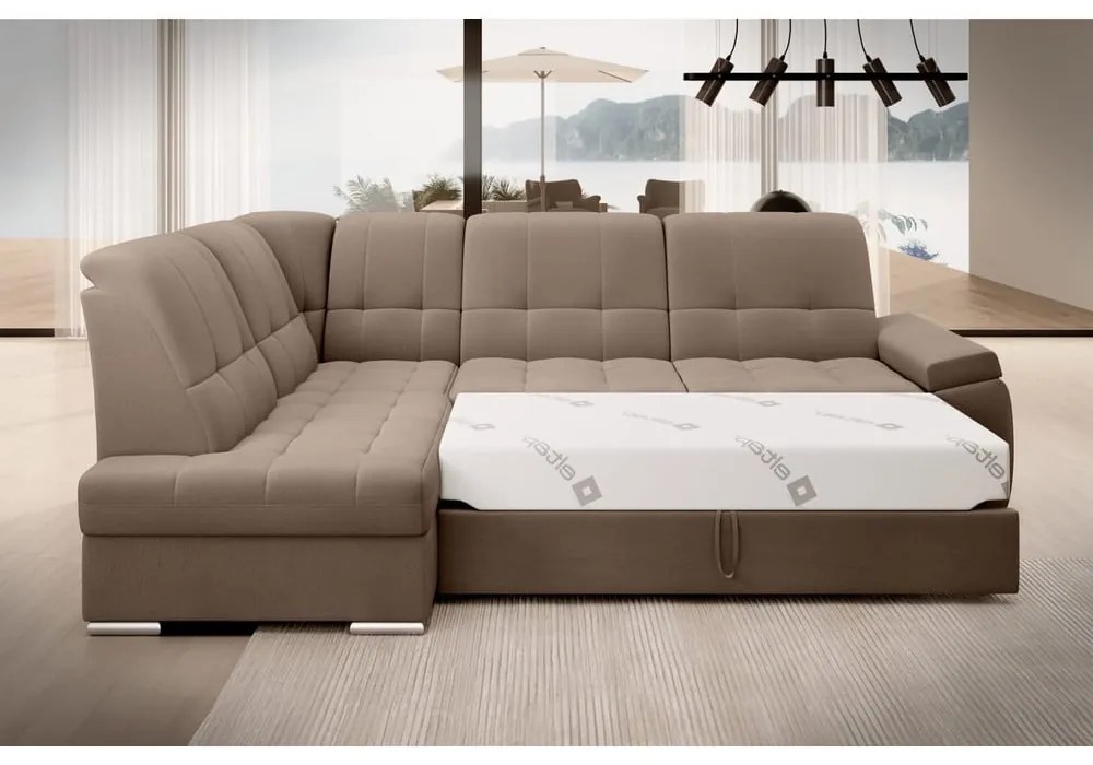 Divano angolare marrone allungabile/con contenitore (con penisola a sinistra/a L) e rivestimento in velluto Sado – ELTAP