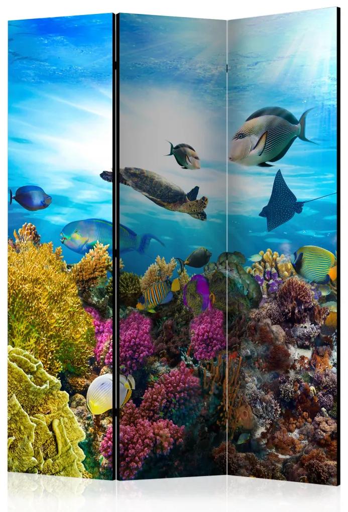 Paravento design Barriera corallina colorata (3 parti) - pesci, piante, fondo oceano